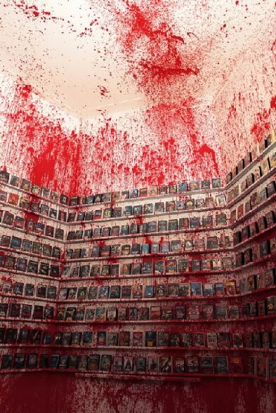 A mon avis ca doit etre le rayon films d horreur - un magasin de location de video dvd dont les murs sont couverts de peinture rouge imitation tache de sang